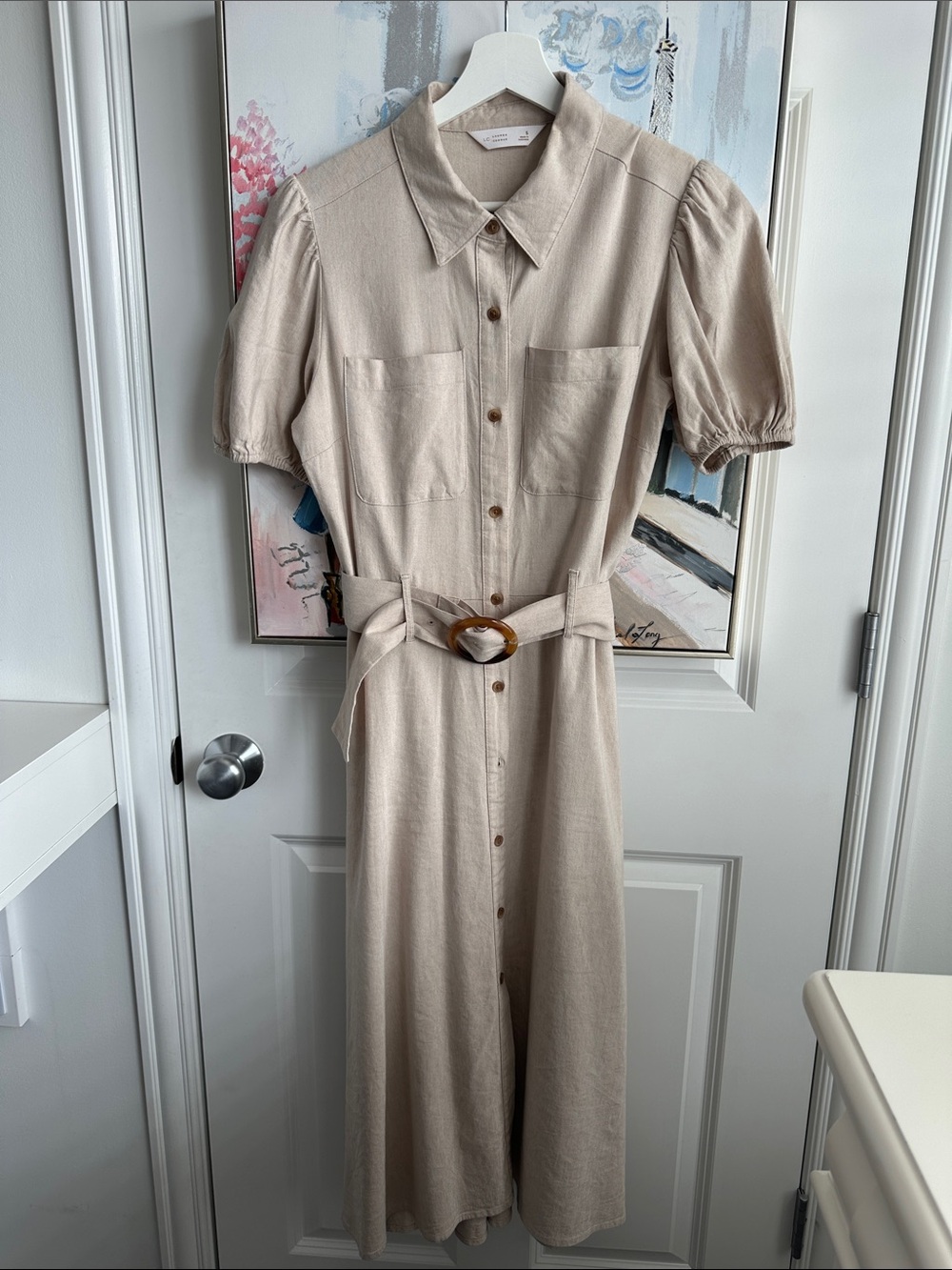 LC Lauren Conrad Neutral Beige Midi Shirt Dress with Statement Belt